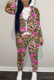 Blue Skinny Sportwear Casual Colorblock Leaf Print Hooded Zip-up Long Sleeve Jacket and Pencil Sweatpants Fall Winter Two Pieces Sweatsuit Sets