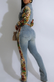 Blue Casual Floral Print Contrast Button up Patchwork Zipper Turndown Collar Long Sleeve Jacket and Ripped Pants Denim Two Pieces Matching Sets
