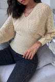 Apricot Casual Cut Out V Neck Long Batwing Sleeve Waisted Fall Winter Knitted Sweater Tops Blouses