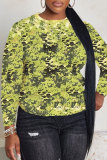 Army Green Loose Cotton Casual Camouflage Print Round Neck Long Sleeve T-Shirts Tops