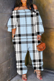Khaki Loose Casual Plaid Print Off Shoulder Long Lantern Sleeve Overall Jumpsuits