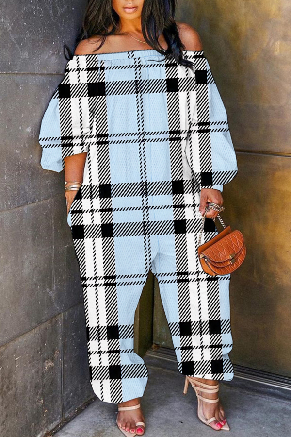 Khaki Loose Casual Plaid Print Off Shoulder Long Lantern Sleeve Overall Jumpsuits