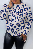 Khaki Loose Casual Leopard Print Round Neck Long Sleeve Fall Winter Sweatshirt Tops