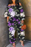 Multicolor Loose Casual Floral Print Off Shoulder Long Lantern Sleeve Overall Jumpsuits