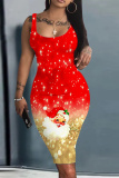 Black Casual Christmas Print Square Neck Sleeveless Vacation Bodycon Midi Tank Dress