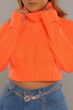 Orange Casual Loose Turtleneck Long Sleeve Fall Winter Short Knitted Sweater Tops