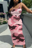 Pink Camouflage Graphic Print Sleeveless Backless Spaghetti Strap Long Bodycon Maxi Slip Dress