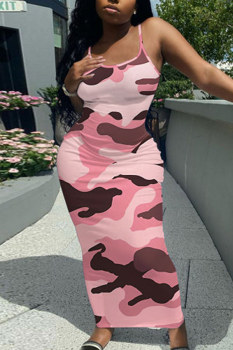 Pink Camouflage Graphic Print Sleeveless Backless Spaghetti Strap Long Bodycon Maxi Slip Dress
