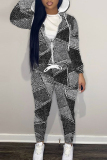Blue Skinny Sportwear Casual Colorblock Leaf Print Hooded Zip-up Long Sleeve Jacket and Pencil Sweatpants Fall Winter Two Pieces Sweatsuit Sets
