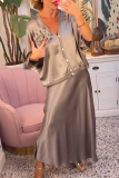 Grey Party Club Formal Button up 3D Flower Decor V Neck Half Sleeve Tops and Long A-line Skirts Two Pieces Dress Sets