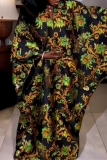 Dark Green Floral Kaftan Print Batwing Sleeve V Neck Long Plus Size Long Loose Fit Beach Vacations Bohemian Maxi Dress