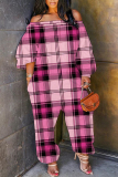 Khaki Loose Casual Plaid Print Off Shoulder Long Lantern Sleeve Overall Jumpsuits