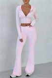 Pink Bodycon Casual Hooded Zip-up Long Sleeve Short Jacket and Flare Leg Pants Fall Winter Two Pieces Sweatsuit Sets