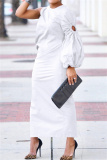 White Puff Sleeves with Cut-Out High Neck Slim Fit Wedding Guests Evening Parties Ruched Maxi Dress
