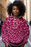 Dark Pink Loose Casual Leopard Print Draw String Hooded Collar Long Sleeve Fall Winter Sweatshirts Tops