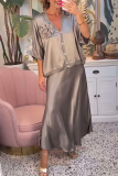Grey Party Club Formal Button up 3D Flower Decor V Neck Half Sleeve Tops and Long A-line Skirts Two Pieces Dress Sets