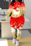 Red Christmas Casual Snowman Santa Print Round Neck Long Sleeve Sweatshirt and Pencil Sweatpants Fall Winter Two Pieces Sweatsuits Sets