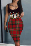 Black Casual Christmas Print Square Neck Sleeveless Vacation Bodycon Midi Tank Dress