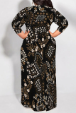 Dark Brown Sequin Gown Evening Leaf Pattern Print Short Sleeve Floor-Length Maxi Dress