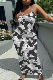 Pink Camouflage Graphic Print Sleeveless Backless Spaghetti Strap Long Bodycon Maxi Slip Dress