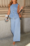 Blue Loose Casual Pocket Button up Round Neck Sleeveless Waisted Vest and Wide Leg Pants Denim Two Pieces Sets