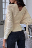 Apricot Casual Cut Out V Neck Long Batwing Sleeve Waisted Fall Winter Knitted Sweater Tops Blouses