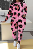 Green Sportwear Casual Leopard Print Round Neck Long Sleeve Sweatshirt and Pencil Sweatpants Fall Winter Two Pieces Sweatsuits Sets