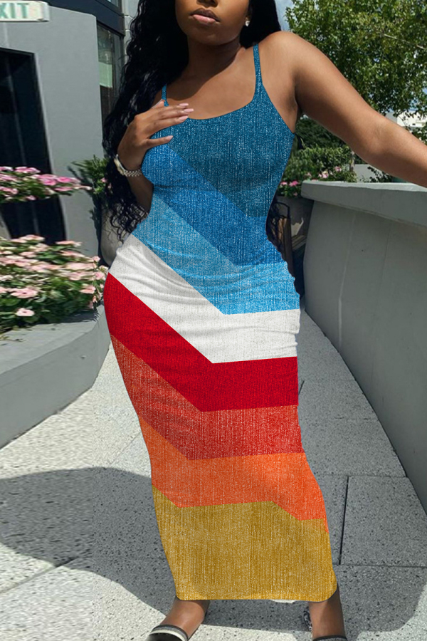 Medium Blue Graphic Print Sleeveless Backless Spaghetti Strap Long Bodycon Maxi Slip Dress