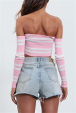 Blue Sexy Vacation Beach Hot Striped Print Lace Up Tie-front Backless Off Shoulder Long Sleeve Short Crop Tops