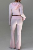 Pink Bodycon Casual Hooded Zip-up Long Sleeve Short Jacket and Flare Leg Pants Fall Winter Two Pieces Sweatsuit Sets