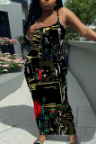 Medium Blue Graphic Print Sleeveless Backless Spaghetti Strap Long Bodycon Maxi Slip Dress