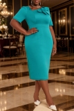Lake Green Wedding Guests Evening Casual Flowers Bow Decorative Slit Oblique Collar Short Sleeve Bodycon Midi Dresses