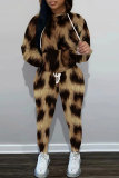 Grey Black Sportwear Casual Leopard Letter Print Hooded Long Sleeve Sweatshirts and Pencil Sweatpants Fall Winter Two Pieces Sweatsuit Sets
