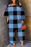 Khaki Loose Casual Plaid Print Off Shoulder Long Lantern Sleeve Overall Jumpsuits