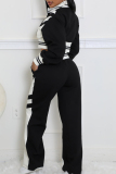 Black Sportwear Casual Striped Contrast Zip-up Stand Collar Long Sleeve Jacket and Straight Leg Sweatpants Fall Winter Two Pieces Sweatsuit Sets
