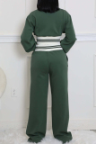 Black Sportwear Casual Striped Contrast Zip-up Stand Collar Long Sleeve Jacket and Straight Leg Sweatpants Fall Winter Two Pieces Sweatsuit Sets