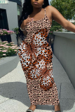 Medium Blue Graphic Print Sleeveless Backless Spaghetti Strap Long Bodycon Maxi Slip Dress