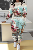 Red Christmas Casual Snowman Santa Print Round Neck Long Sleeve Sweatshirt and Pencil Sweatpants Fall Winter Two Pieces Sweatsuits Sets
