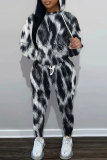Grey Black Sportwear Casual Leopard Letter Print Hooded Long Sleeve Sweatshirts and Pencil Sweatpants Fall Winter Two Pieces Sweatsuit Sets