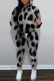 Grey Black Sportwear Casual Leopard Letter Print Hooded Long Sleeve Sweatshirts and Pencil Sweatpants Fall Winter Two Pieces Sweatsuit Sets