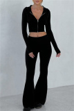 Pink Bodycon Casual Hooded Zip-up Long Sleeve Short Jacket and Flare Leg Pants Fall Winter Two Pieces Sweatsuit Sets