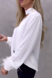 White Elegant Lace Up With Ribbon Long Fluffy Sleeve V Neck Fall Winter Tops Blouses