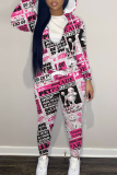 Pink Skinny Sportwear Casual leopard Letter Print Hooded Zip-up Long Sleeve Jacket and Pencil Sweatpants Fall Winter Two Pieces Sweatsuit Sets