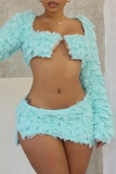 Mint Green Skinny Party Club Vacation Sexy Hot Square Neck Long Sleeve Crop Tops and Mini Skirts Fur Two Pieces Dress Sets