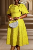 Yellow Party Formal Flowers Bow Detail Flared Sleeves Oblique Collar A Line Midi Dress