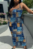 Medium Blue Graphic Print Sleeveless Backless Spaghetti Strap Long Bodycon Maxi Slip Dress