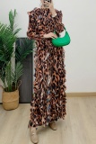 Khaki Vacation Evening Bohemian Print One-Shoulder Long Sleeve Layered Ruffles Maxi Dress