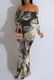 Grey Floral Fishtail Print Off Shoulder Long Flutter Sleeve Mermaid Hem Vacation Boho Style Maxi Dresse