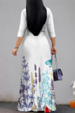 Haze Blue Floral Print V Neck 3/4 Sleeve Lace Up Summer Outings Vacation Straight Loose Maxi Dress