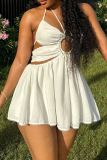 White Sleeveless Backless Halter Neck Cut-Out Beading Beach Vacation Casual Summer Outing A Line Mini Dress